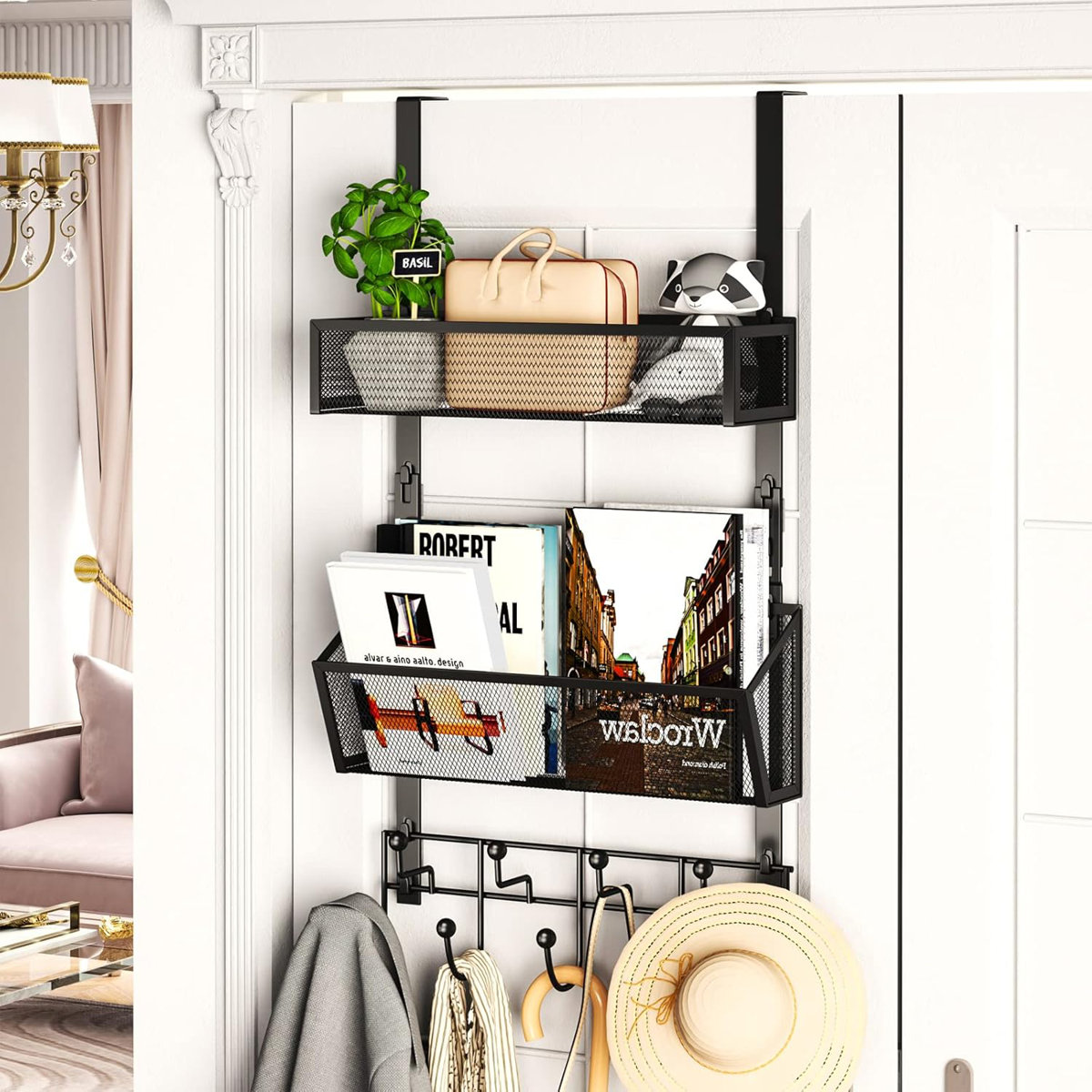 Over The Door Hooks With Storage Baskets, 9-Hook Rustproof Stainless Steel Door Hanger Organizer For Bathroom Kitchen Bedroom